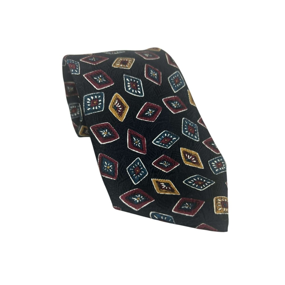 Lands End Mens Silk Tie Black Geometric Diamond Pattern Tie‎